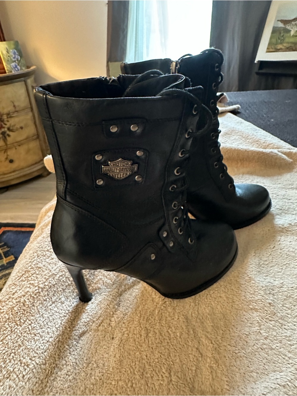 Harley-Davidson Black Leather Lace-Up Heeled Boots